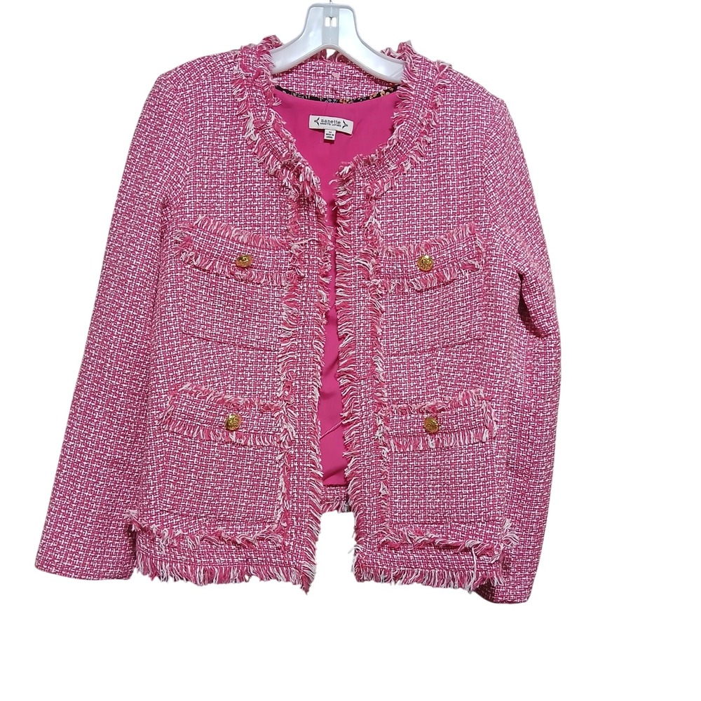 Nanette Lepore Pink WhiteTweed Frayed Blazer Jacket NJ3S194H4 Rose Tropica MensM